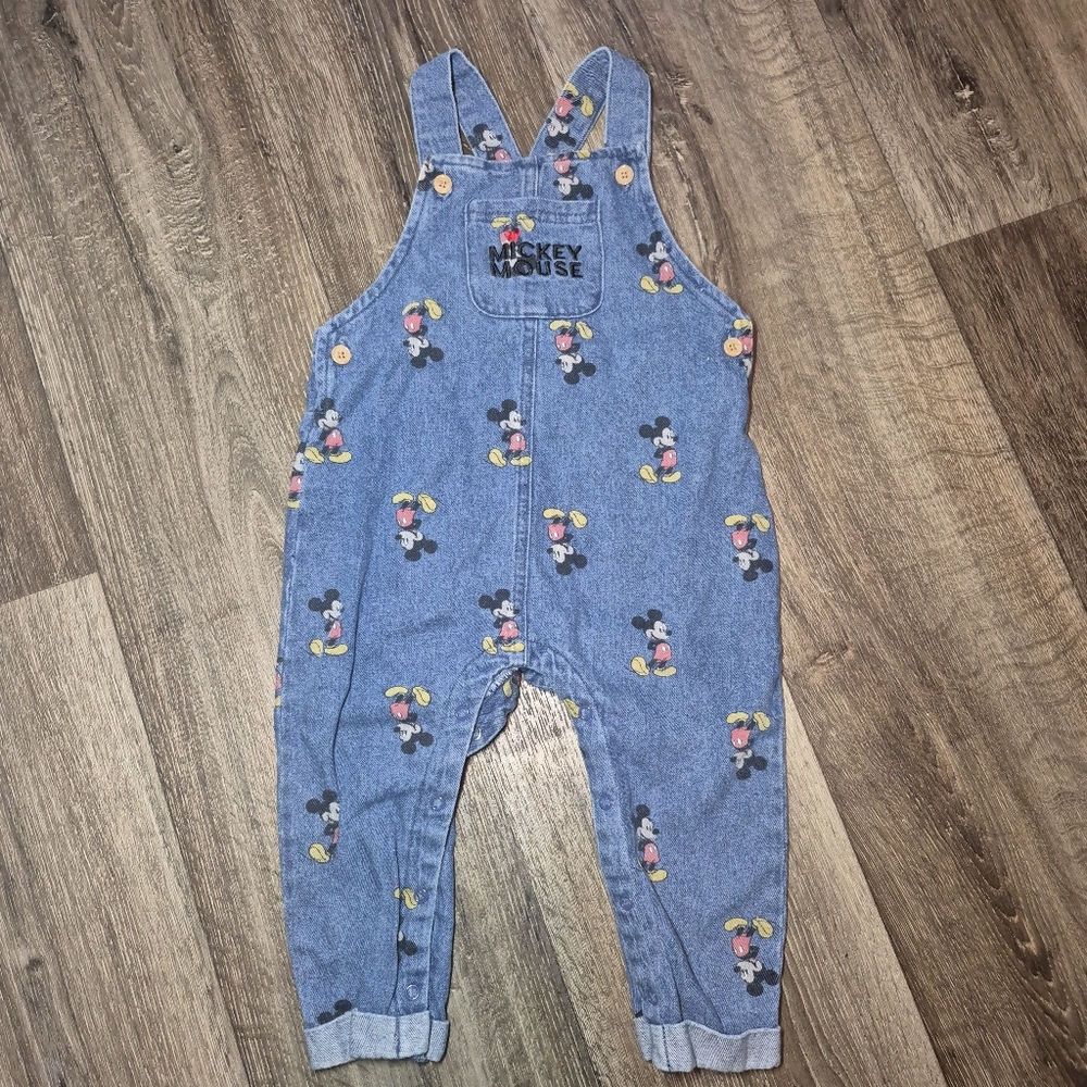 Disney Denim Mickey Mouse Overall Romper in Blue with Multicolor Prints